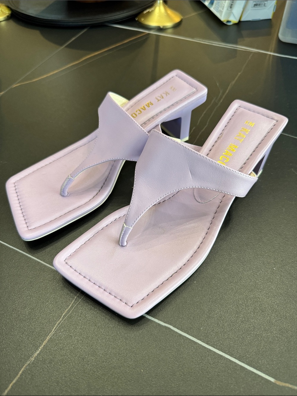 KAT MACONIE Lilac Square-Toe Thong Block Heel